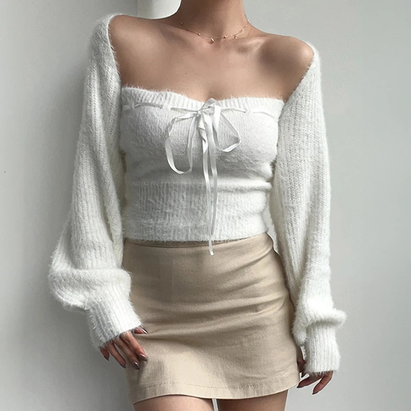 Fuzzy Knitted Bolero cardigan cardigan long sleeved with bow tie open front cut corset sweater womens Teengirl Acubi Y2K set 241019