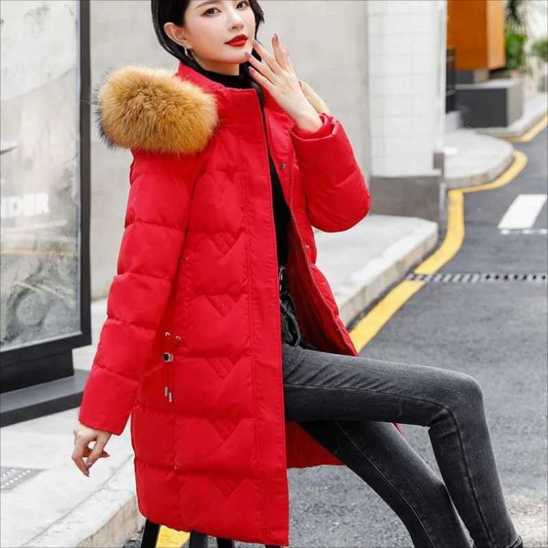 Parkas Women 2024 Winter New Fashion Slim White Duck Down Coat Female Thick Fur Collar Hooded Warm Large Size Long Down JacketX241019