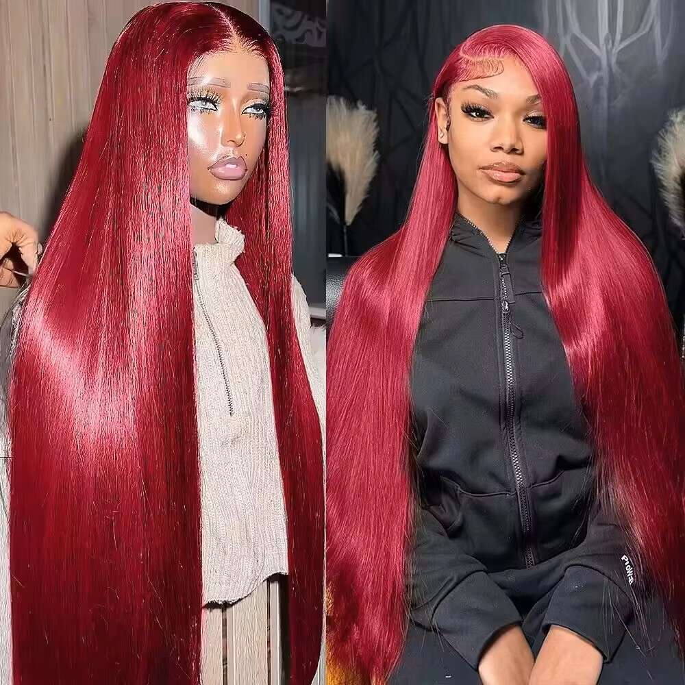 Burgundy x J X HD Lace Front Human Hair Wigs Colored Straight Pre Plucked with Baby Density