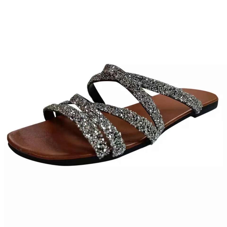 New Style Summer Beach Exposed Round Toe Flat Bottomed Diamond Sandals For Women In Large Sizes Ddmywed Ddmysaturn
