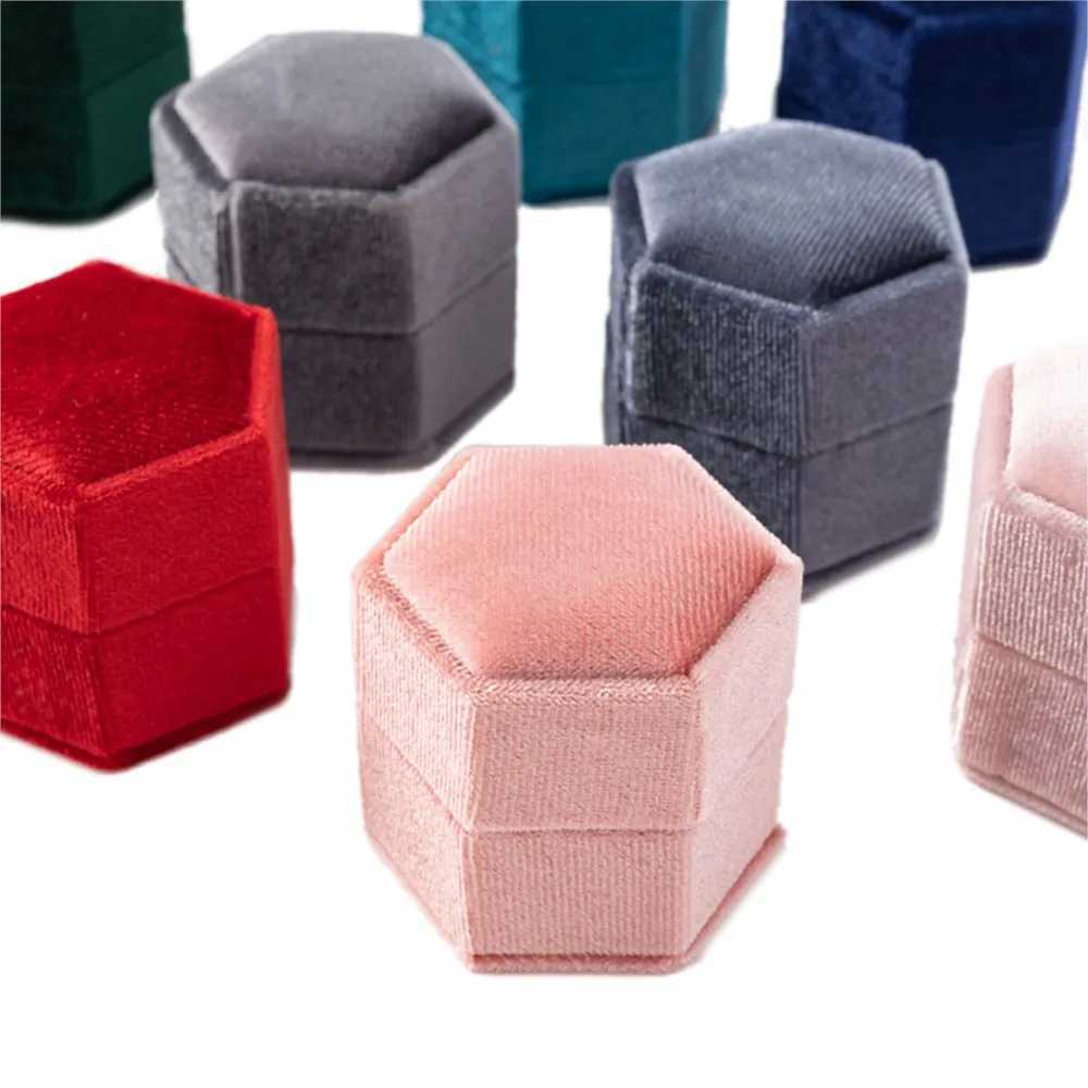 Hexagonal velvet jewelry ring box used for display storage organizer earrings wedding rings gift packaging with detachable lid box W241019