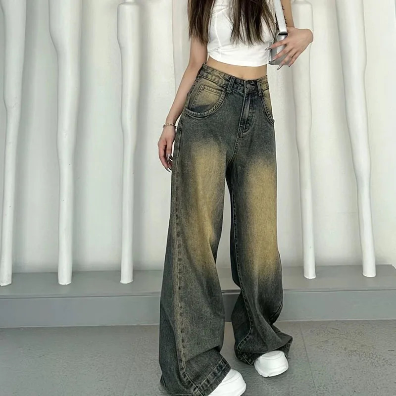 Autumn Winter Fleece Jean Vintage Baggy High Waist Straight Denim Pants Female Streetwear Gradient Old Y2K Trousers 241007