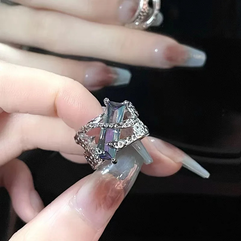 Goth Red Crystal Gemstone Ring Dark Cutout Vintage Geometric Shape For Women Retro Party Jewelry Open Rings Gift 241010