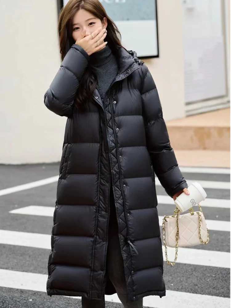 Winter Warm Coat Light Luxury 90 White Goose Down Jacket Hooded Long Section Parka Elegant Leisure Slim Fluffy Womens CoatX241019