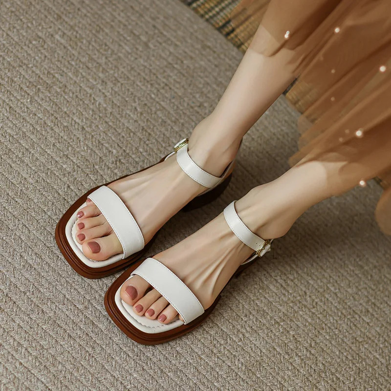 S Summer Women Leather Fashion Square Open Toe Strap Sandals Comfortable Block Heel Platform Sandalen Ddmywed Ddmysaturn