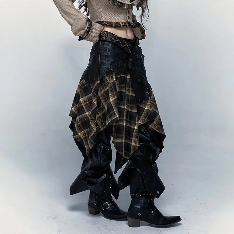Irregular Patchwork Grunge Y2k Skirts High Waist Vintage Plaid Belt Decor Punk Midi Gothic Aline Skirt For Women 241019