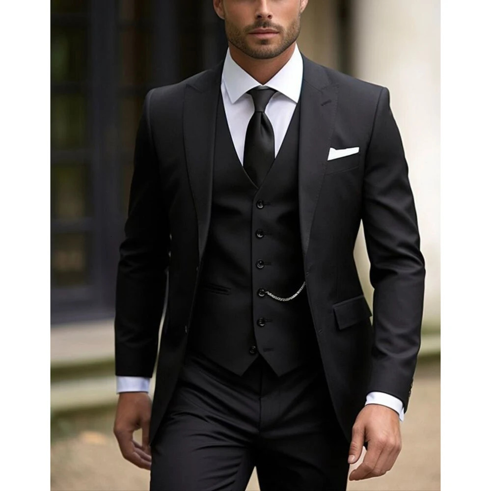 Black 3piece jacket pants vest fashionable evening gown collar single perforation intelligent casual business mens clothing 240929