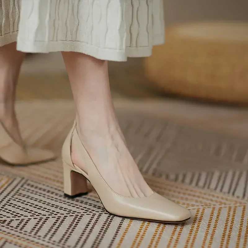 High heels regular leather casual chunky high heels nude womens shoes office shoes womens shoes square toe pumps Y241019