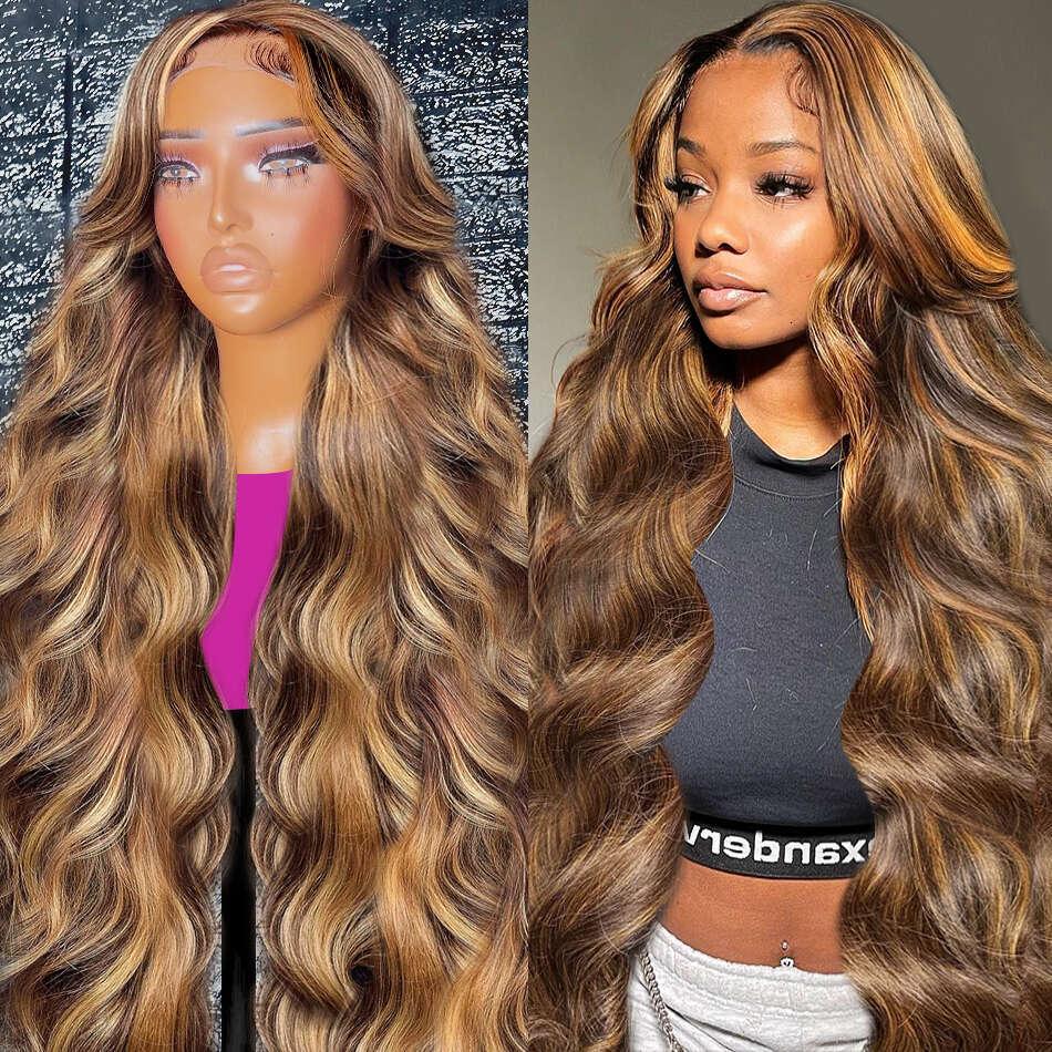 32Inch Highlight Human Hair 4/27 Honey Blonde 5x5 Closure Colored 13x6 HD Body Wave Lace Frontal Wig