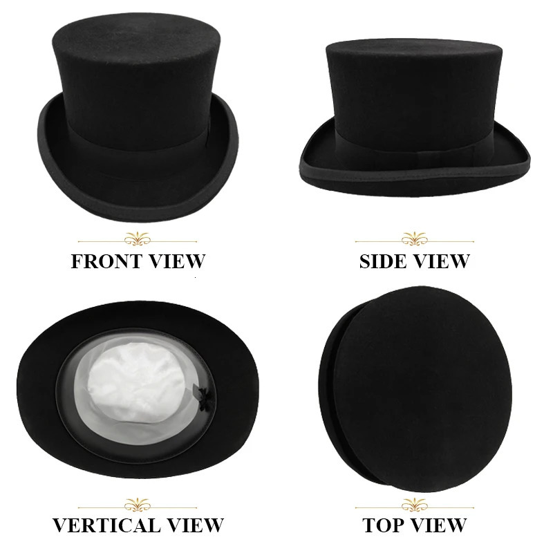 2024 wool flat top mens hat fashion Fedora Versatile magic hat gentleman cylindrical shoulder strap steampunk hat elegant black luxury 241018