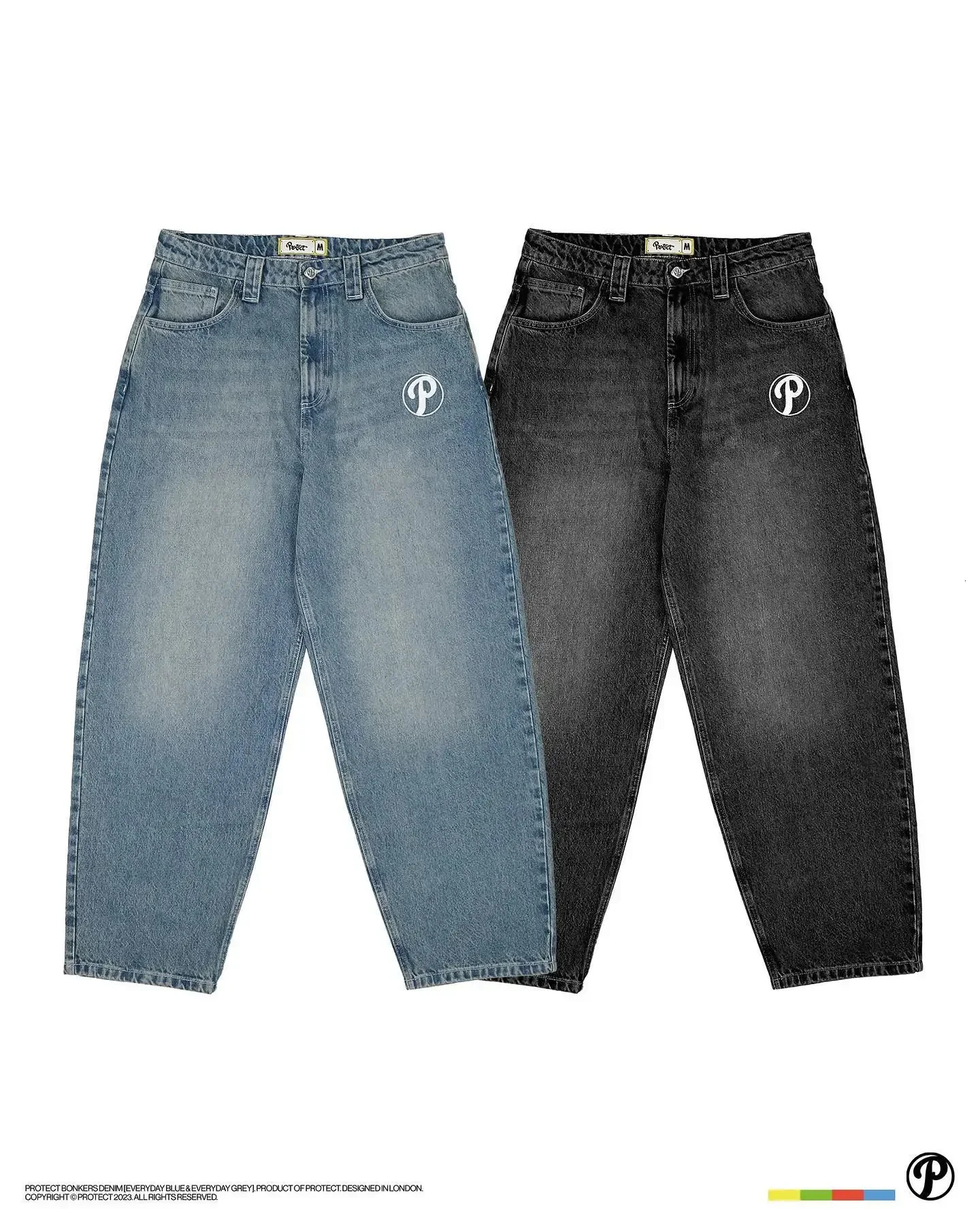 Protect Streetwear Y2K Hip Hop Jeans Mens Pants Harajuku Alphabet Embroidered Retro Blue Pocket Jeans High Waist Wide Legs Trouser 241019