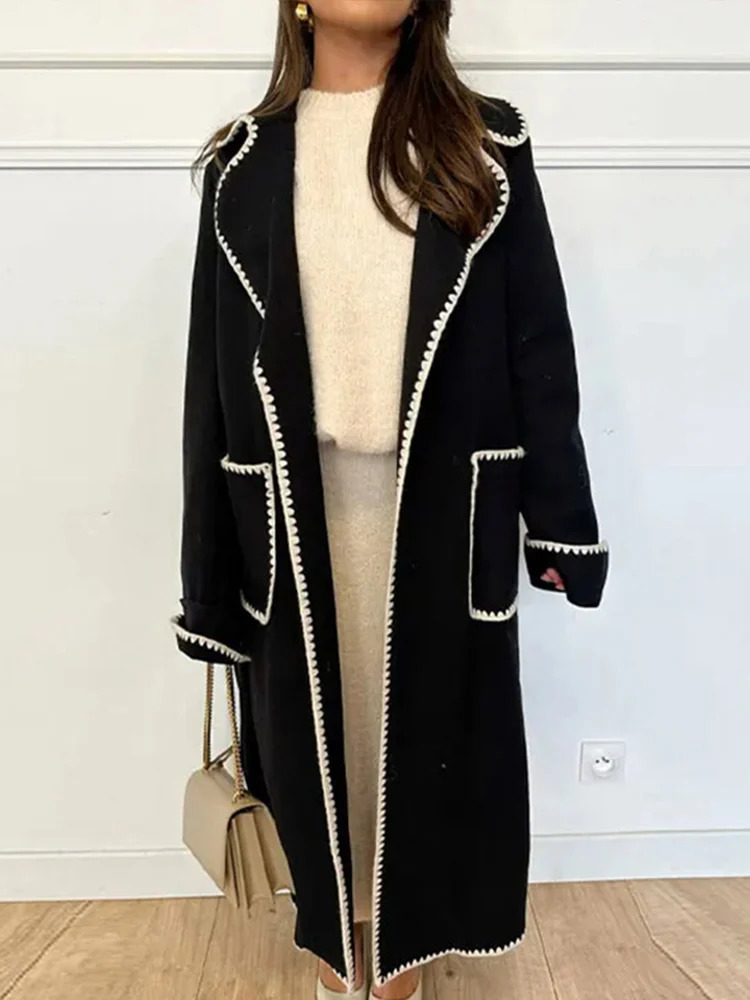 Vintage Striped Long Coat Women Elegant Belts Turndown Collar Pocket Coats 2024 Autumn Winter Chic Sleeve Female Outwear 241010