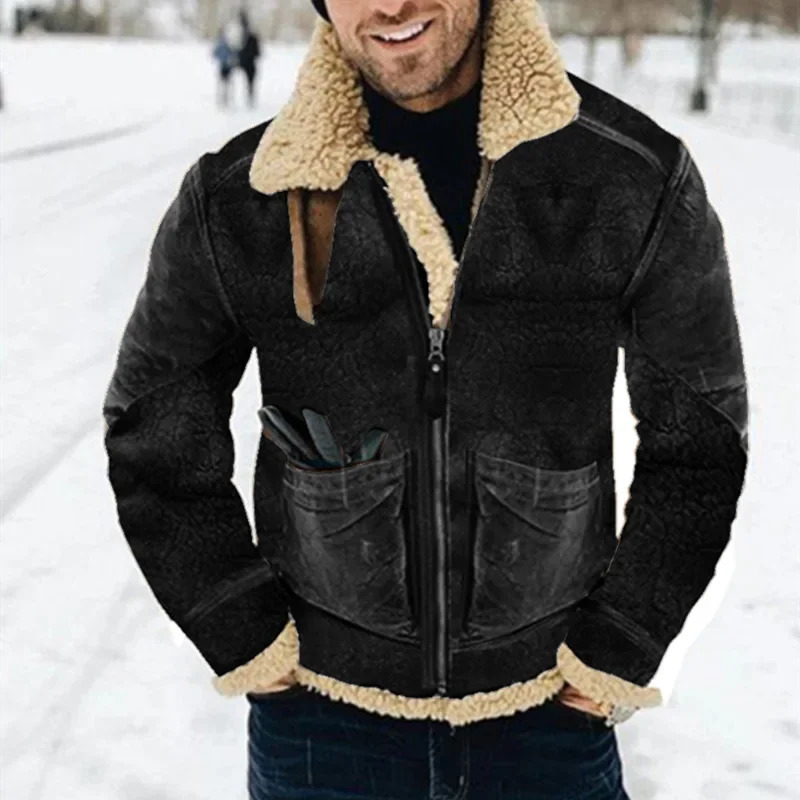 leather and fur integrated mens jacket autumn and winter thick printed jacket suede warm cashmere 241007