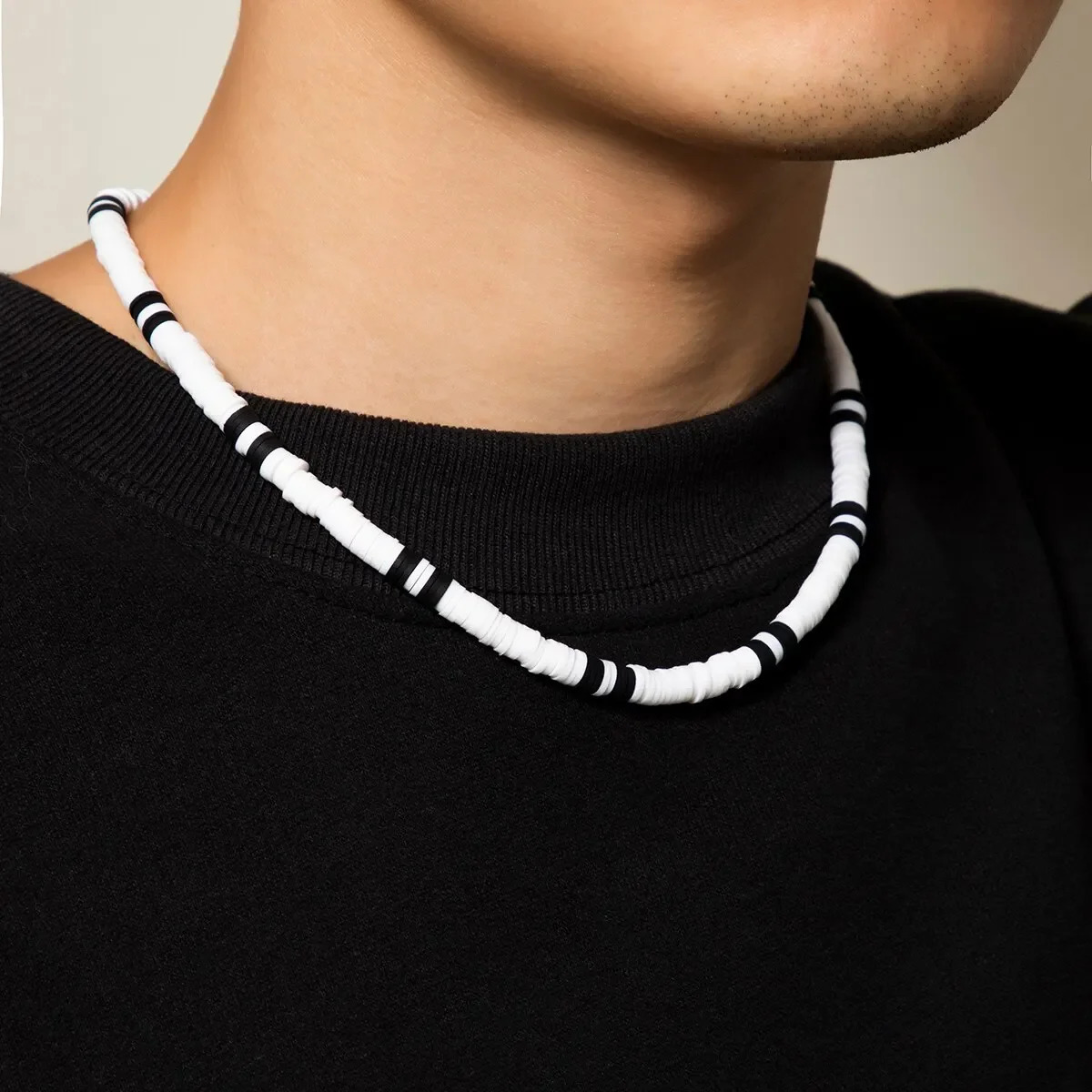 Simple polymer clay black and white necklace for mens summer retro short clavicle chain party jewelry gift 241018