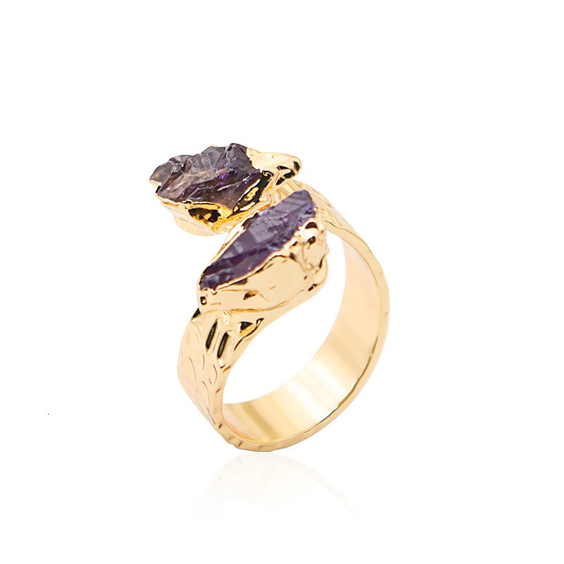 Irregular Amethyst Open Ring for Women Girls Goldcolor Double Side Raw Stone Finger Jewelry Resizable 241010