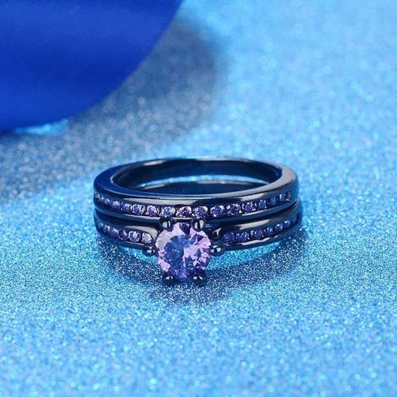 Charming Couple Ring Romantic Purple Rhinestone Womens Ring Set Fashion Mens Stainless Steel Celtic Dragon Ring Fashion Jewelry Y241019
