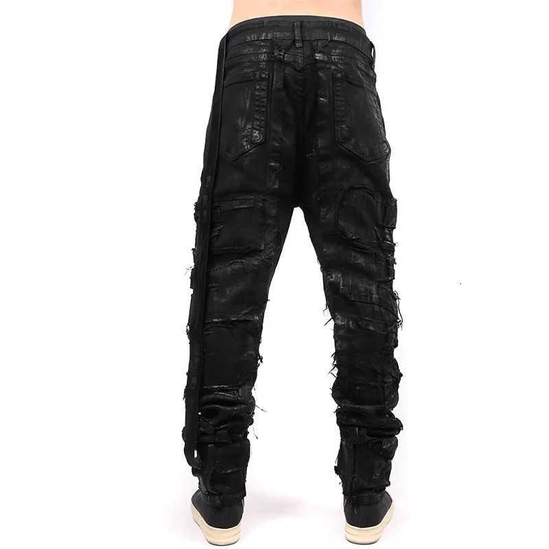 Dark Coating Wax Brushing Erosion Hole Jeans Men Ripped Casual Denim Pants Street Hip Hop Black Trousers 241010