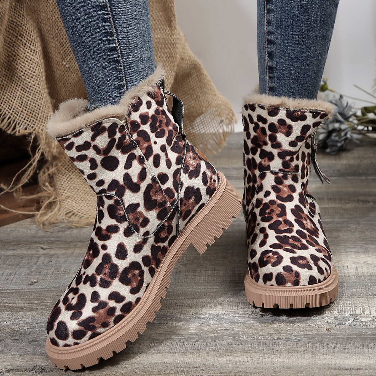 Women's Winter Warm Leopard Print Fleece Casual Boots 0f82