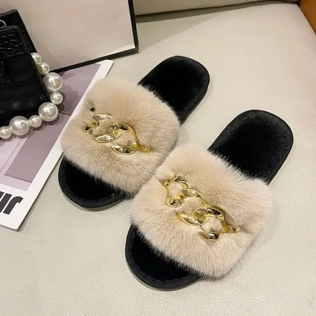 Fluffy Fur Slippers 2024 New Fashion Chain Design Women Home Slippers Winter Indoor Open Toe Flat Non-slip Leisure Female Shoes