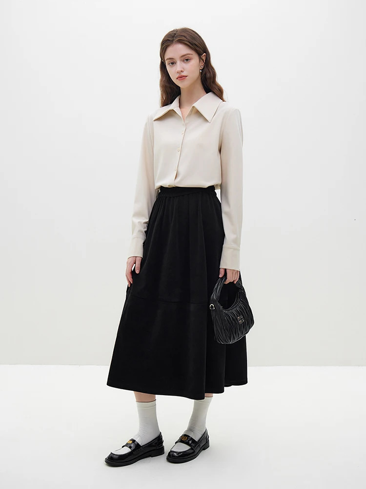 FSLE French Literary Retro Velvet Solid Color Skirt for Women Winter Elastic Highwaisted Corduroy Aline Female 241019