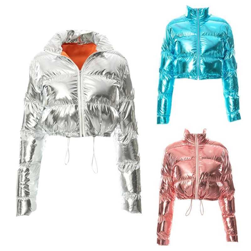 Women's Down Parkas Womens shiny mirror synthetic leather lining used for jackets long Slip Up stand up collars cut lining outerwear drawstring h