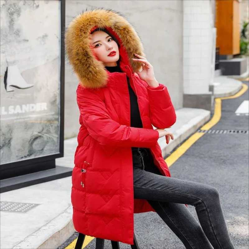 Parkas Women 2024 Winter New Fashion Slim White Duck Down Coat Female Thick Fur Collar Hooded Warm Large Size Long Down JacketX241019