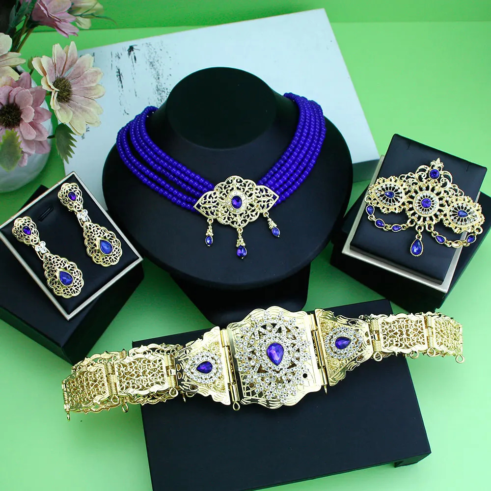 Sunspice Moroccan Bridal Wedding Jewelry Set Womens Gold Arabian Kaftan Belt Brooch Bead Necklace Earrings 241018