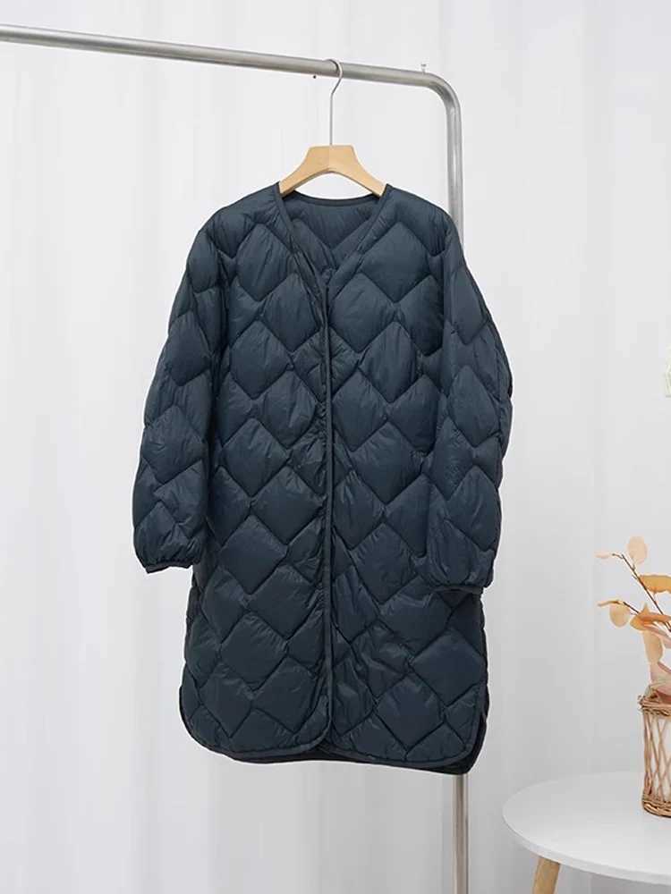 0-10 Korean Style Women Winter Coats 2024 New Autumn Ultra Light Long Duck Down Jackets Collarless Windproof Puffer ParkasX241019