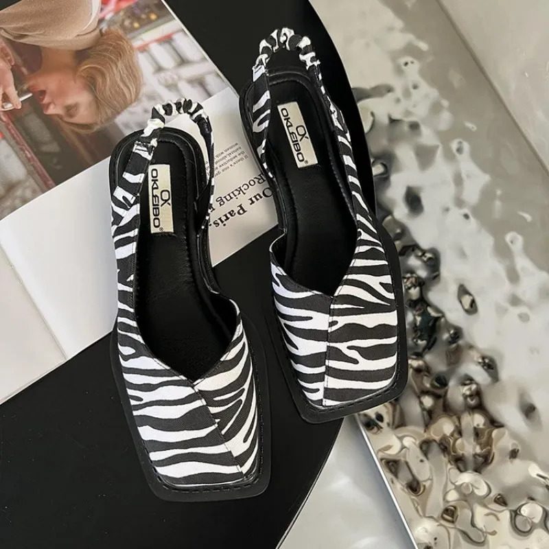 Summer Elegant Ladies Sandals 2024 Fashion Elastic Band Flat Heel Women Shallow Party Shoes Square Toe 241019