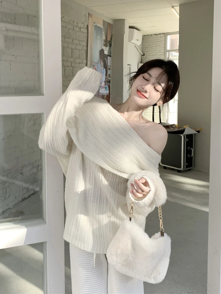 Autumn Sexy White Knitted Sweater Women Long Sleeve Pure Color Korean Fashion Y2k Clothing Elegant Pullover Female 241010