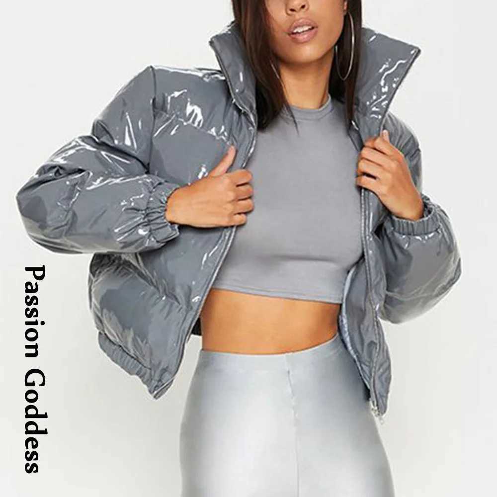 Women's Down Parkas Winter Women Shiny PU Leather Down Puffer Jacket Loose Warm Leather Bubble Coats Parkas Down Zipper Puffy Jackets Parkas Casu