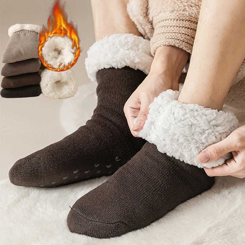 Winter Christmas Plush Lined Slipper Men Socks Comfy Warm Mid Tube Sock Warm Thickened Home Sleeping Soft Non Slip Floor SoxXJ241019