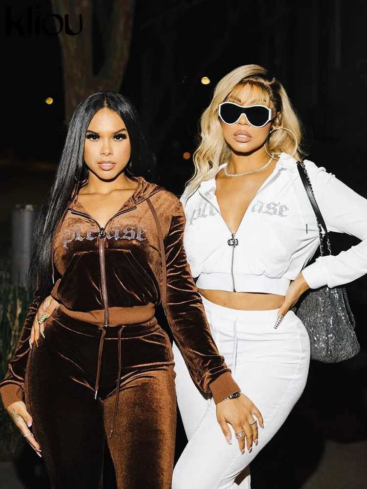 Women's Two Piece Pants Kliou Winter Womens Fold 2-piece Casual Letter Diamond Patch Work Hoodie+Elastic Solid Pants Womens Matching Set Y241019I