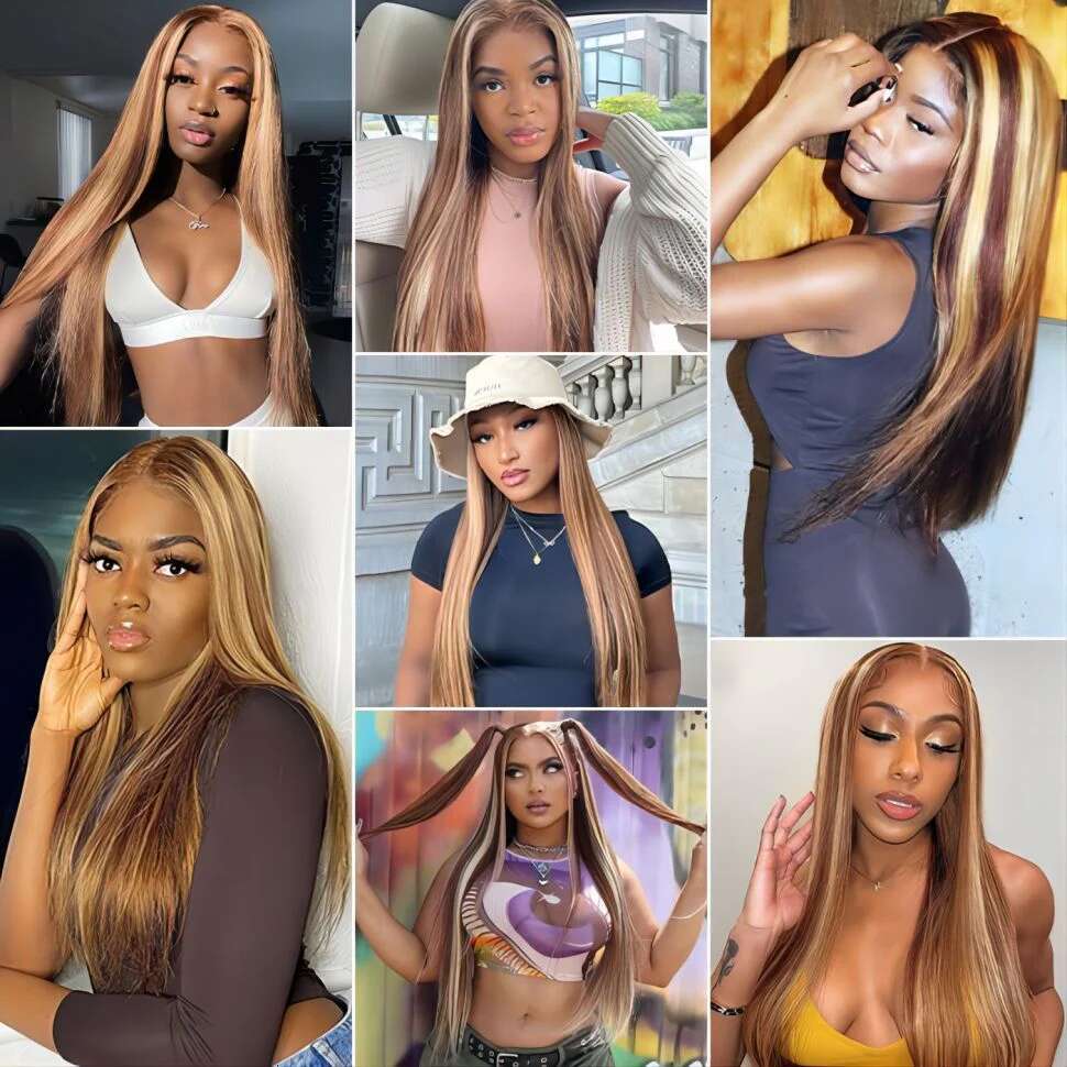 Straight Lace Front Human Hair Ombre Brown Highlight Honey Blonde Color 4/27 Wig 13x6 Transparent Closure 180 Density Wigs