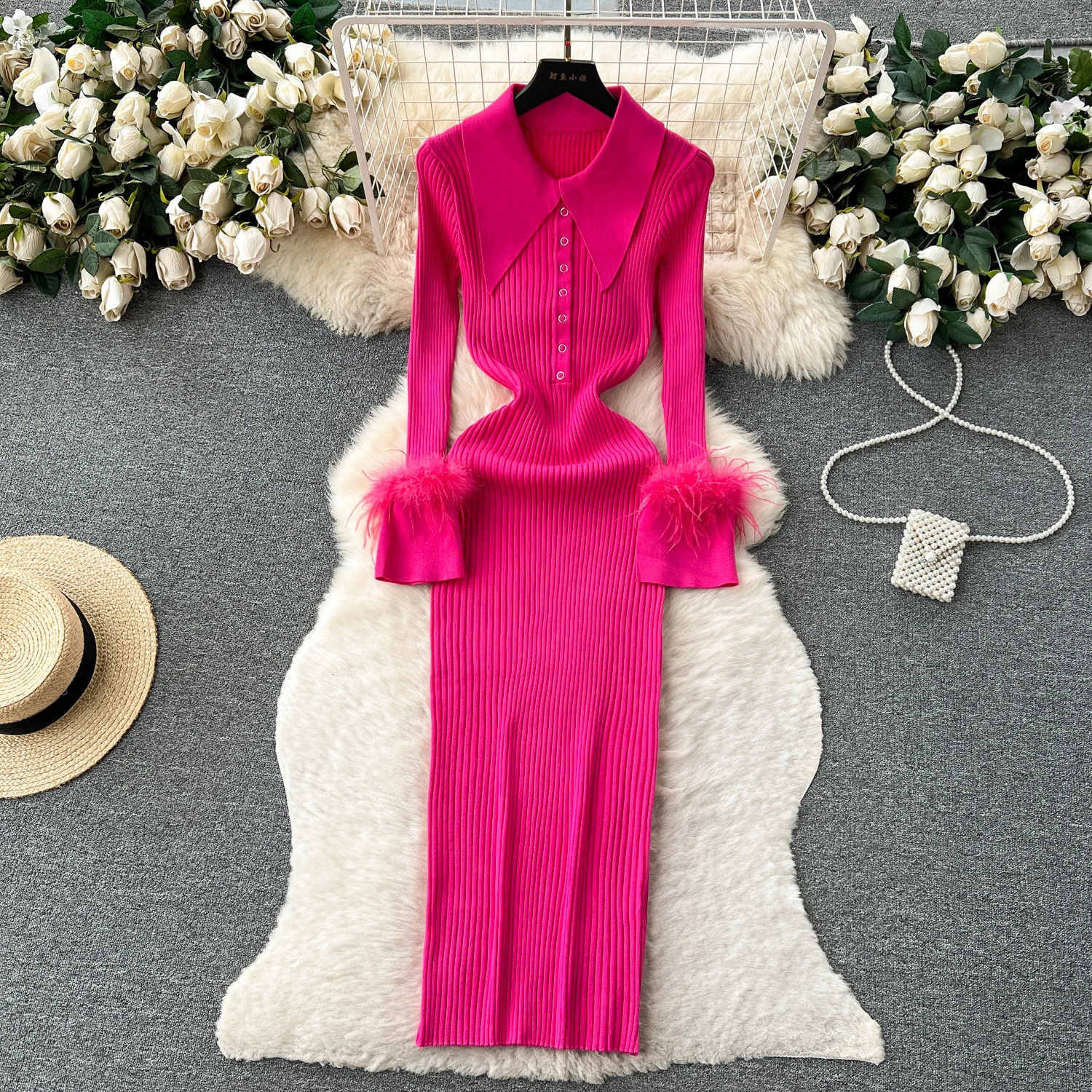 YuooMuoo Women Dress Autumn Winter Elegant Fur Long Sleeve Knitted Sweater Dress Chic Lady Wrap Hips Bodycon Long Vestidos 241010