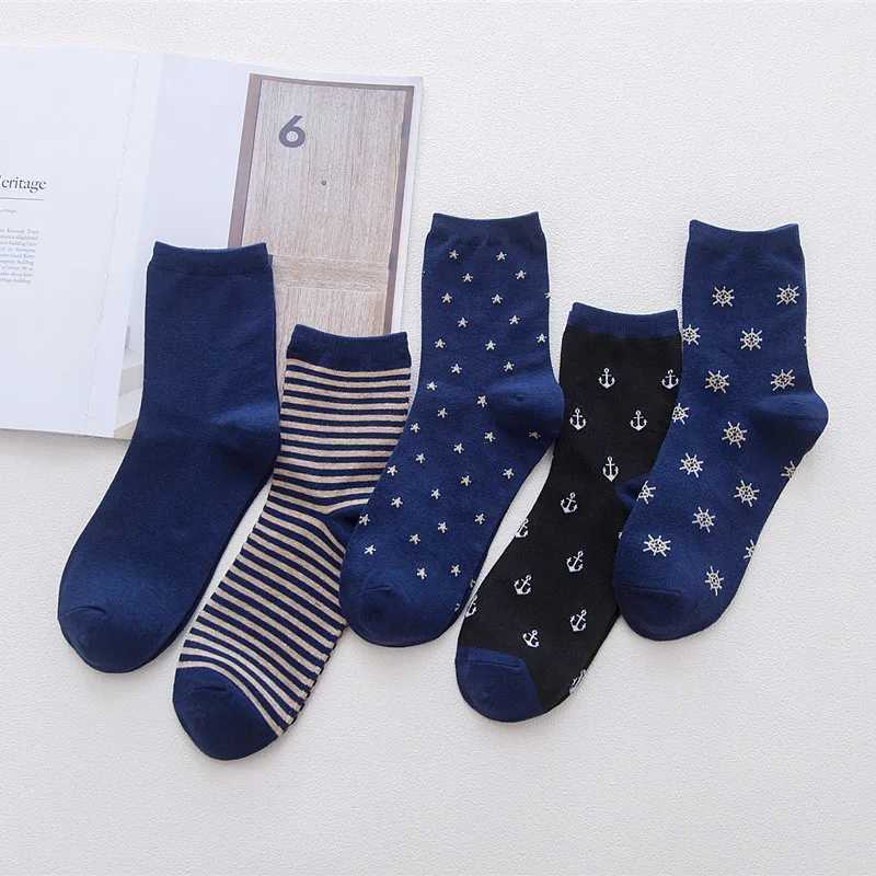 3 Pairs Men Navy Socks Business Socks Stripe Anchor Star Snow Male Autumn Winter Crew Socks Comfortable Cotton Casual SocksXJ241019