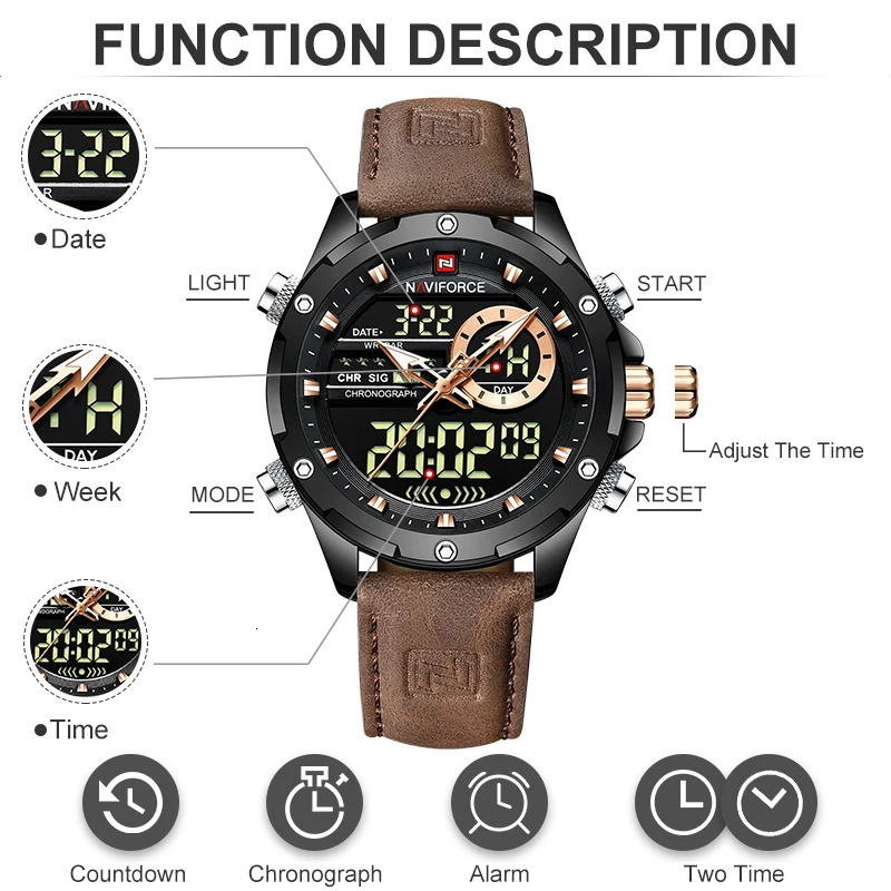 NAVIFORCE digital mens military watch waterproof LED quartz sports large Relogios Masculino 241009