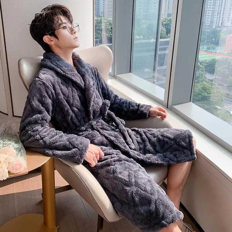 PLUS SIZE 3XL Winter Men Kimono Bathrobe Gown Thickened Flannel Robe Sleepwear Grey Warm Coral Fleece Home Wear Loose LoungewearXJ241018