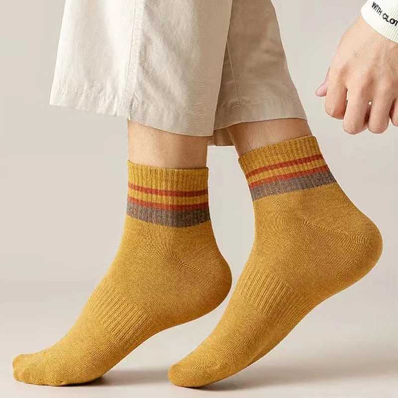 LKWDer Brand 5 Pairs Autumn Winter Men Thermal Socks Solid Color Stripe Fashion Casual Cotton Sweat Absorption Thick ComfortableXJ241019
