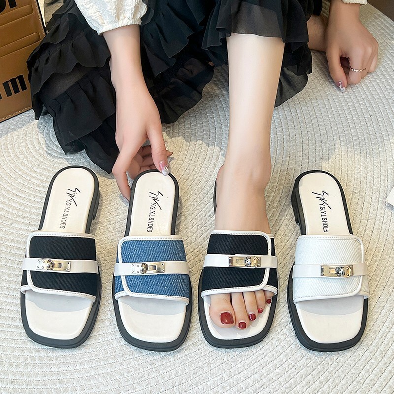 Flat Square Toe Bottom Slippers Summer New Women S Metal Buckle Decoration Casual One Line Low Heel Sandals For To Wear Externally Ddmysaturn
