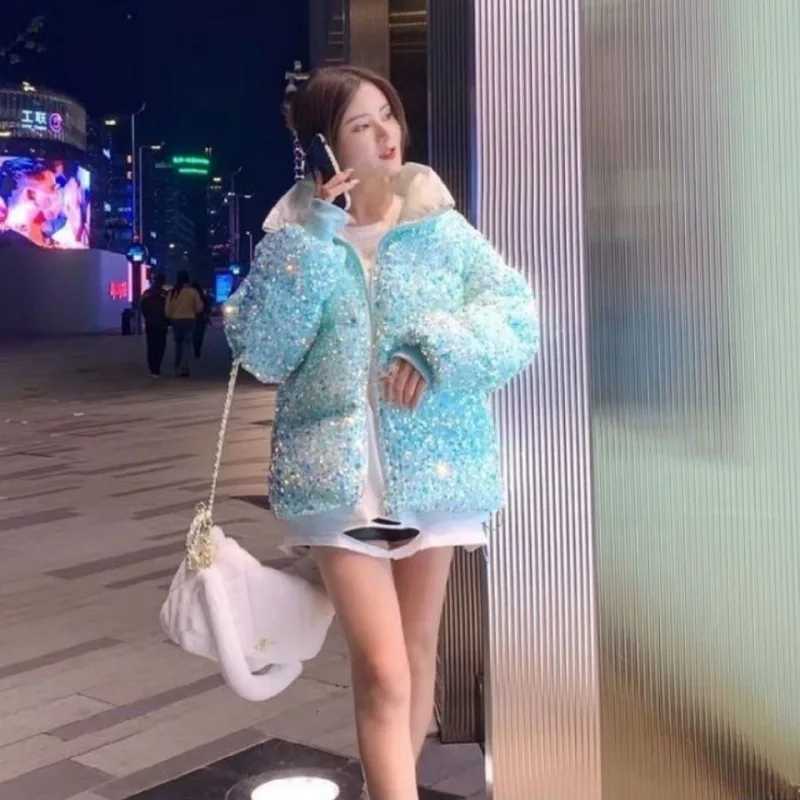 Women's Down Parkas Fashion sequined down cotton jacket womens winter jacket new loose stand up collar short bread jacket warm jacket Y240824KRUZ