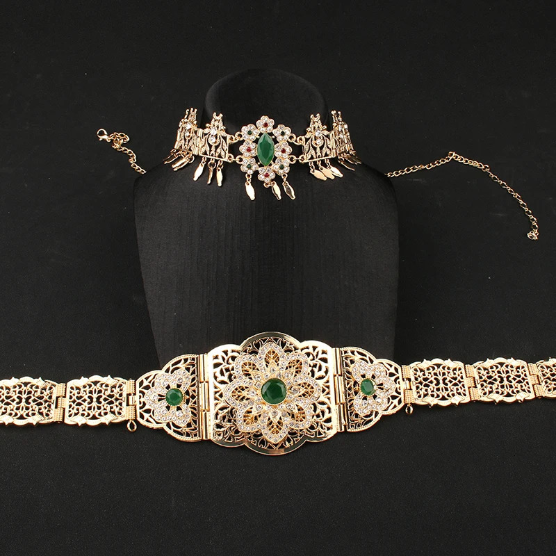 Moroccan women Kaftan gold red green stone ethnic wedding body jewelry metal chain robe with jewelry 241018