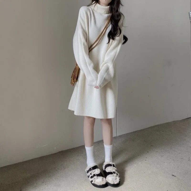 Turtleneck Warm Knitted Dress Women Autumn Winter Simplicity Solid Color Long Sleeve Midi Dress All-match Trend A-line Skirt 241010