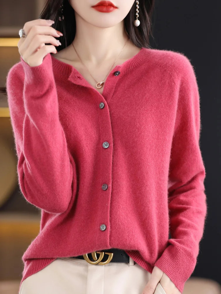 Spring 100% Merino Wool Womens O-neck Open cardigan Cashmere Sweater Womens Clothing Elegant Knitted Korean Top 241018
