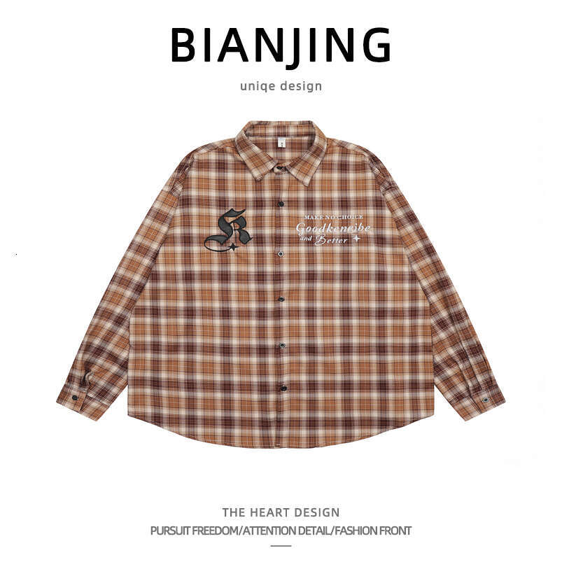 shanshi Men's shirts China-Chic American plaid shirt men's embroidery design sense personality long sleeve men and women versatile handsome 