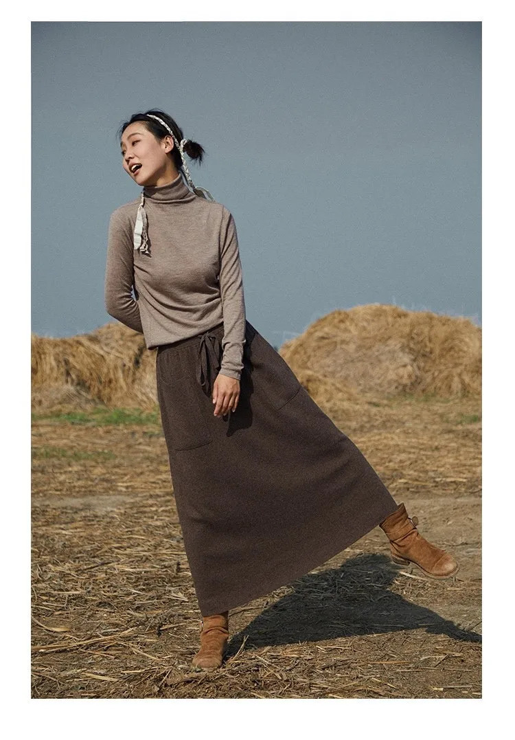 AutumnWinter Cashmere Double Pocket Retro Dress Art Style Versatile Womens Long Skirt 241019