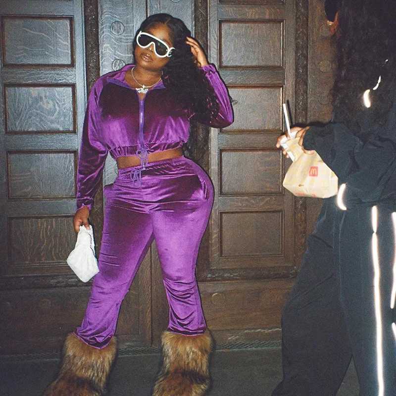 Women's Two Piece Pants Fashion Women 2 Piece Velvet Tracksuits Sets Zipper Drawstring Sweatshirts High Waist Straight Sweatpants Two Piece Outfi