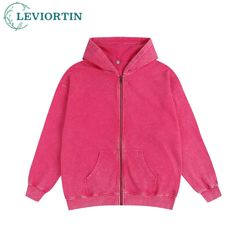 Heavyweight 350gsm Zipper Hoodies Jacket Men Streetwear Shoulder Drop Loose Washed Cotton Hooded Sweaters Coat Jogging Outwears 241019