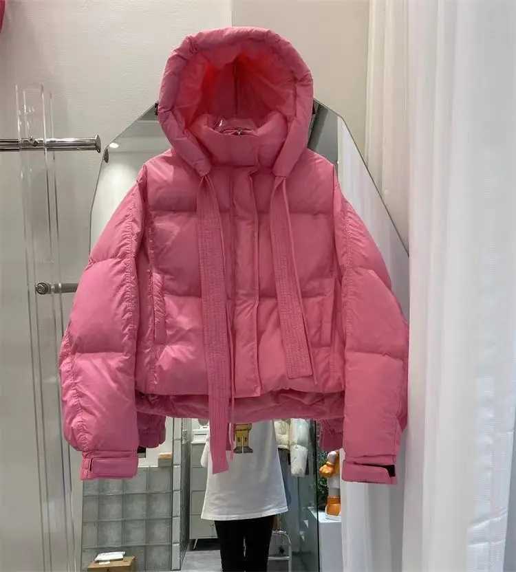 Women's Down Parkas 2024 New Ribbon Down Jacket Womens Ultra Short Hooded Thick Loose Jacket Womens Winter Jacket Y241019OGLO