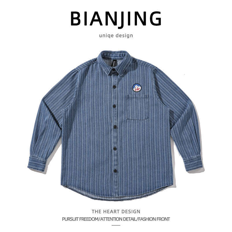 shanshi Men's shirts American badge embroidered striped denim long sleeve men casual cool trendy workwear shirt for men